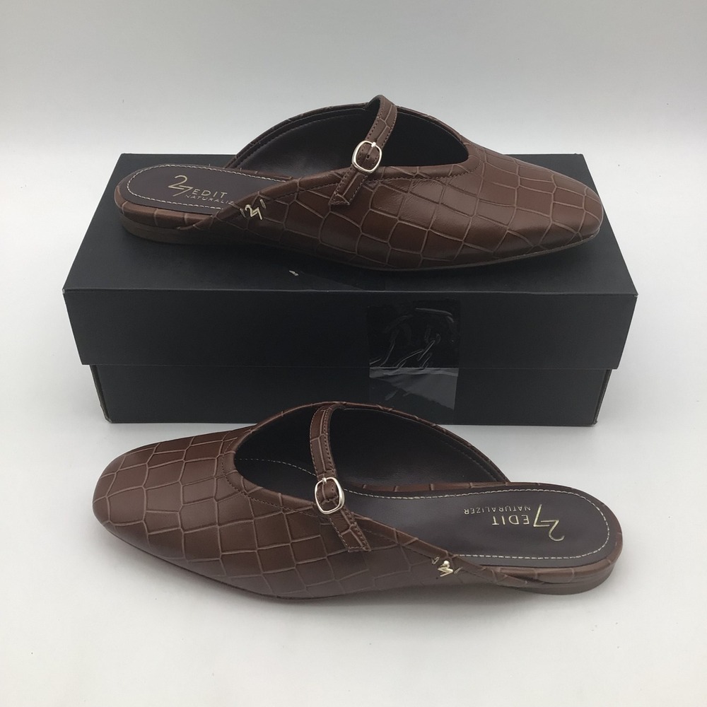 Naturalizer 27 Edit Cece Mules Brown Croc Leather Mary Jane Flats Size 7.5 M NEW